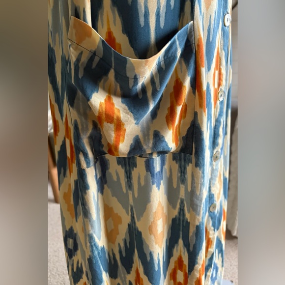 Anthro DR2 Boho Rayon Midi Skirt w Ikat Pattern, Button Front & Patch Pockets - Picture 7 of 10